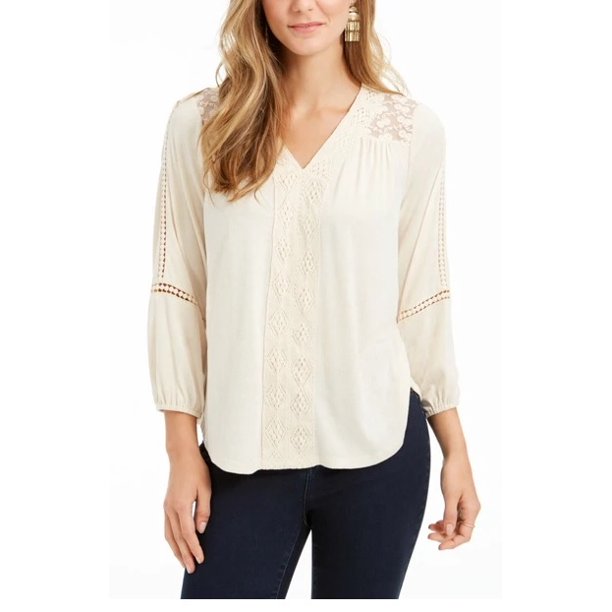 Style & Co Women's Lace Back Crochet Top White Size Small