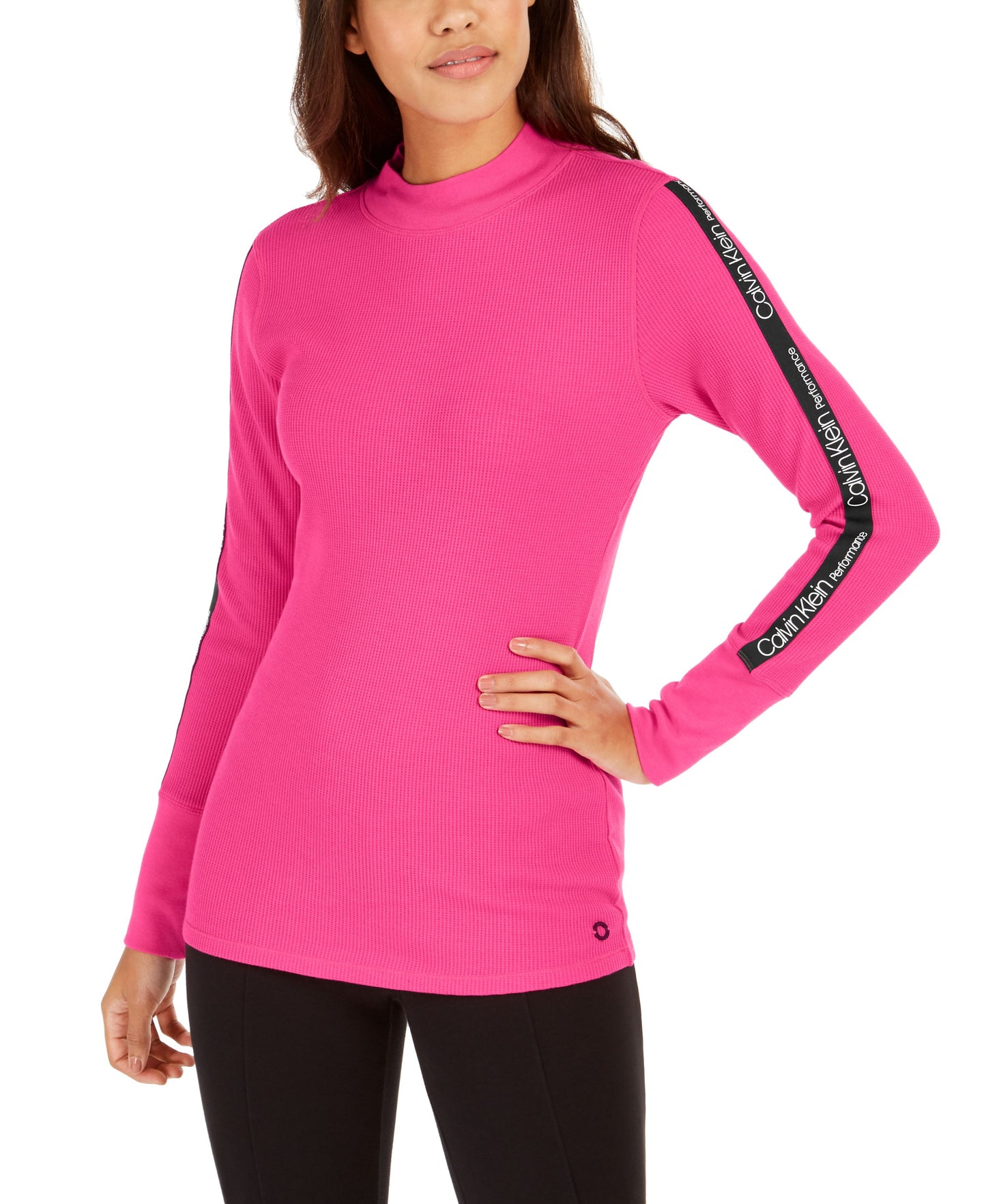 Calvin Klein Women's Performance Logo-Stripe Mock-Neck T-Shirt Bright Pink Size X-Large