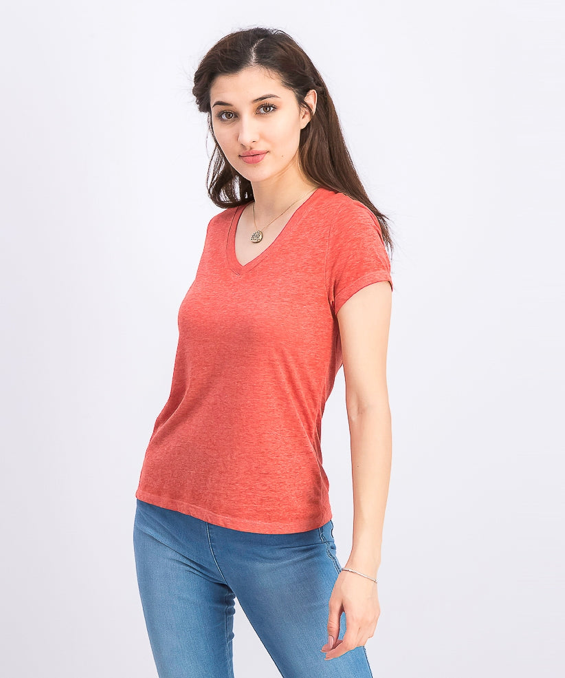 Ultra Flirt Juniors' Heathered V-Neck T-Shirt Orange Size Medium