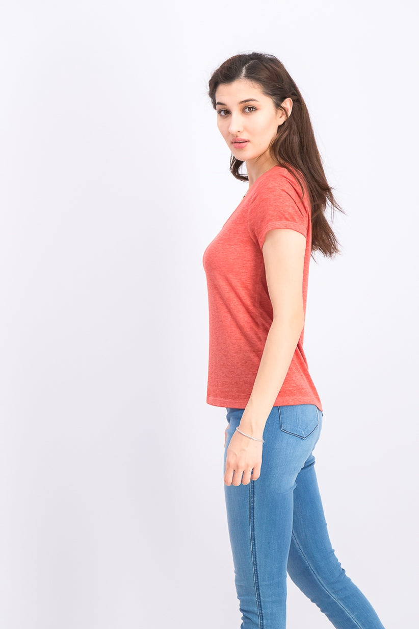 Ultra Flirt Juniors' Heathered V-Neck T-Shirt Orange Size Medium
