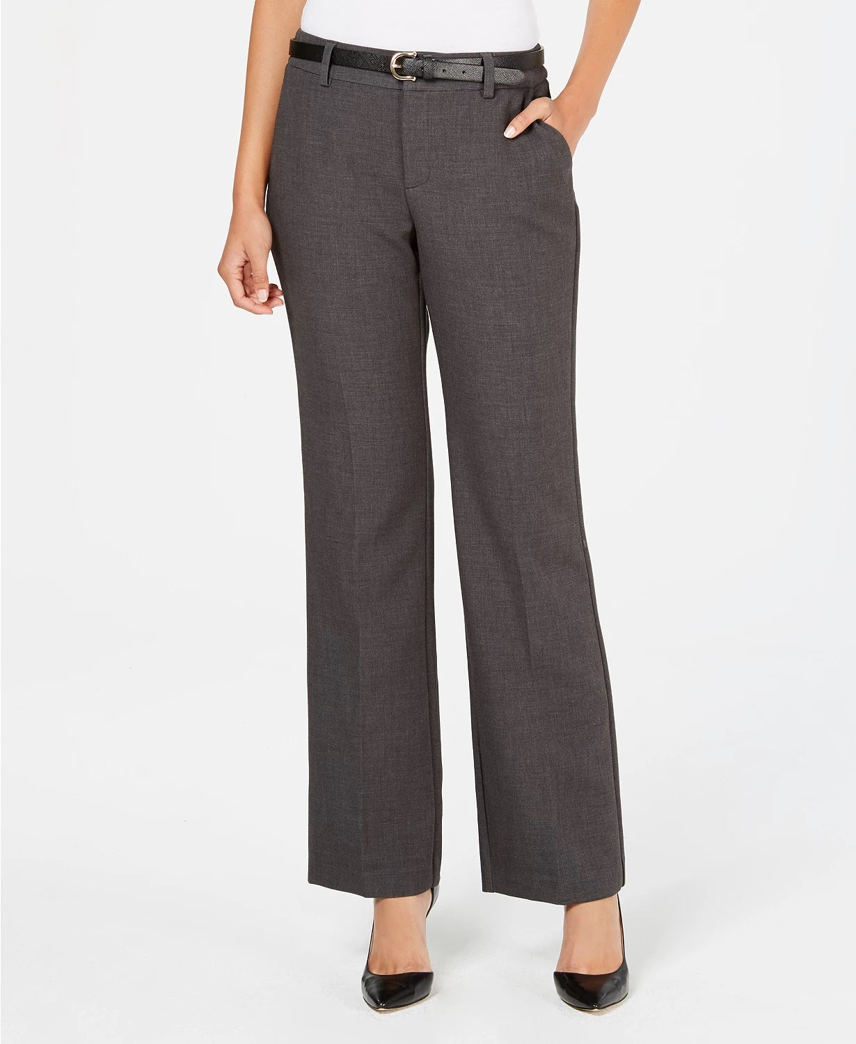 Charter Club Women's Petite Belted Slim It Up Trousers Dark Gray Size 16 P