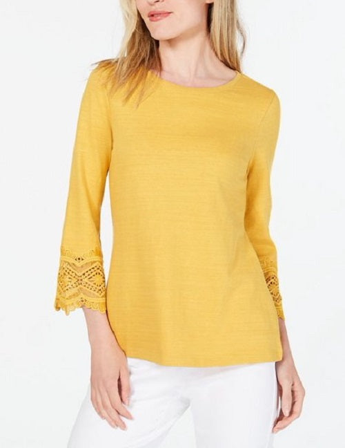 Charter Club Women's Cotton Lace-Trim Top Gold Size XX-Large