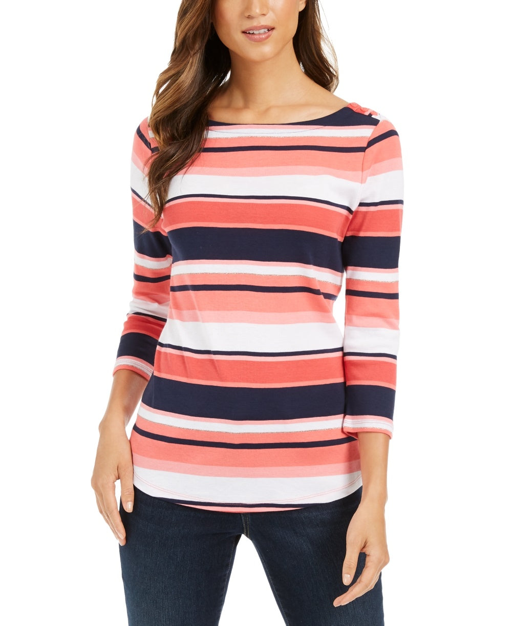 Charter Club Women's Pima Cotton Button Shoulder Stripe Top Red Size X-Large