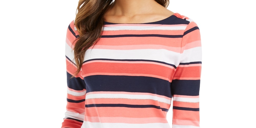 Charter Club Women's Pima Cotton Button Shoulder Stripe Top Red Size X-Large