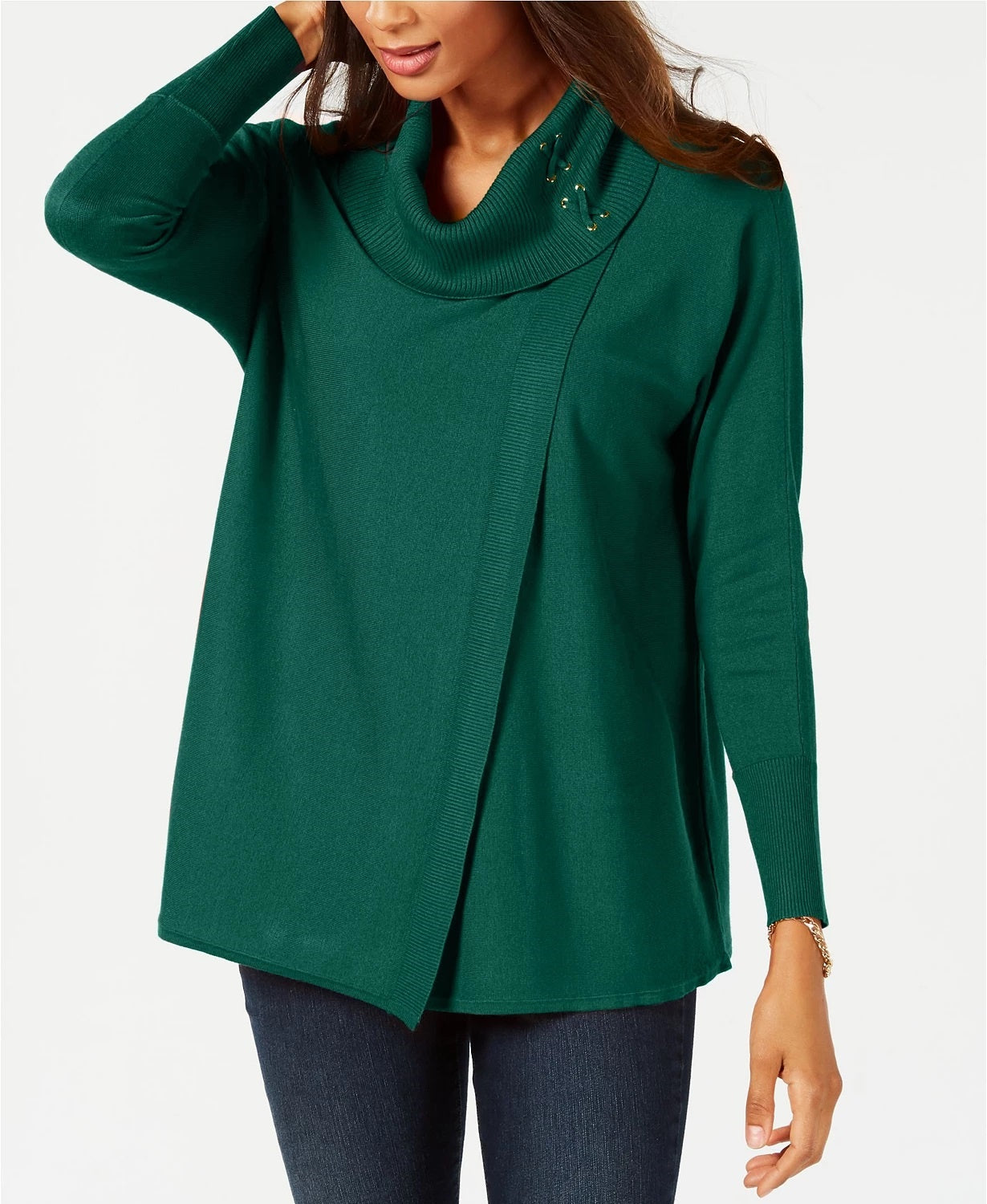 JM Collection Women's Faux Wrap Cowl Neck Sweater Green Size XX-Large