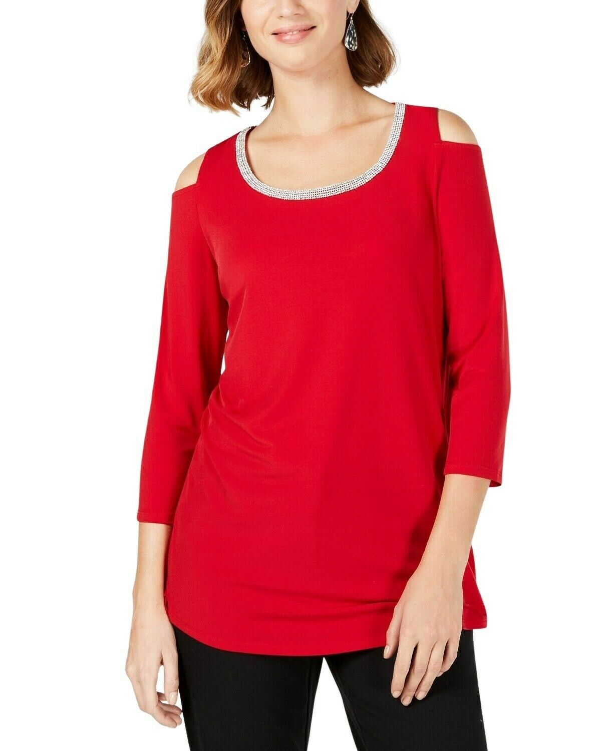 JM Collection Women's Embellished Cold-Shoulder Top Red Size Large
