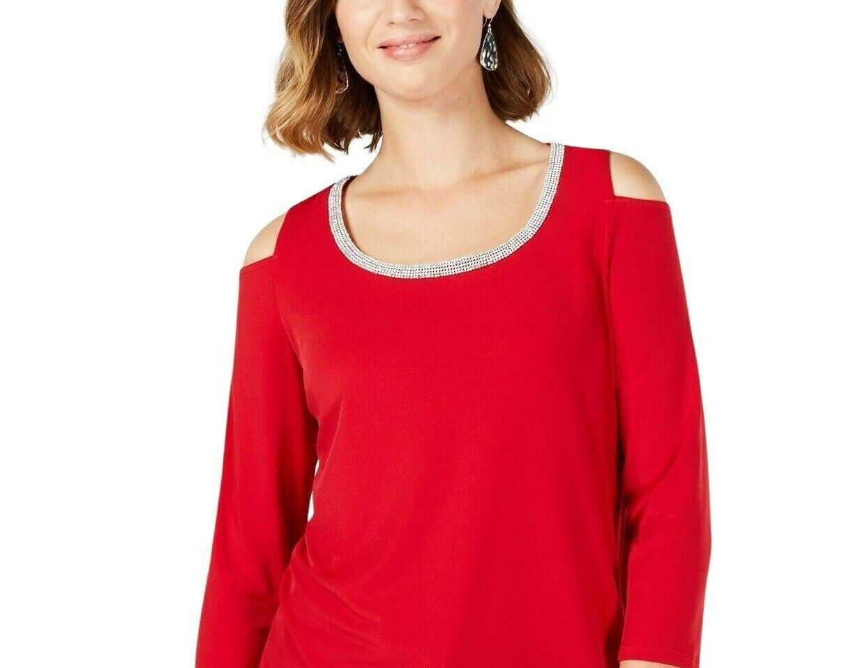 JM Collection Women's Embellished Cold-Shoulder Top Red Size Large