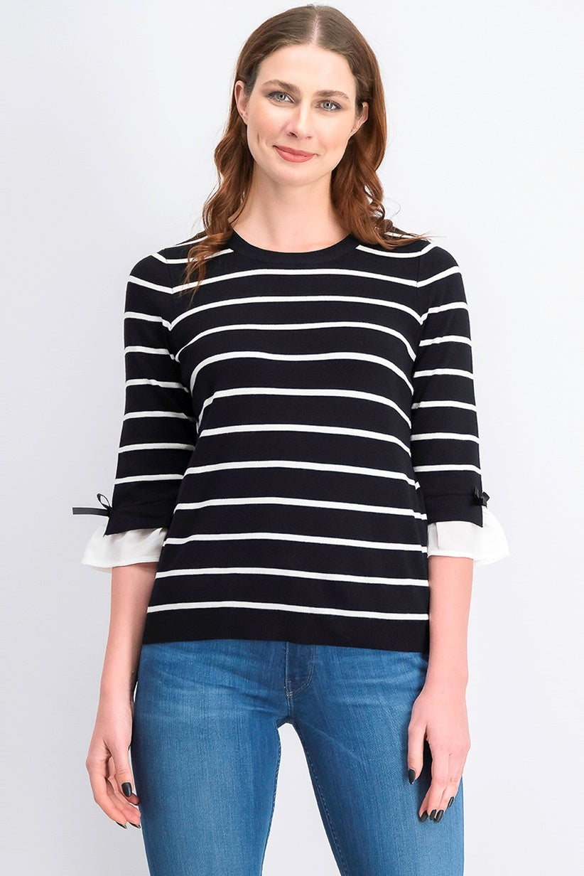 Maison Jules Women's Striped Bow-Trim Sweater Black Size Large
