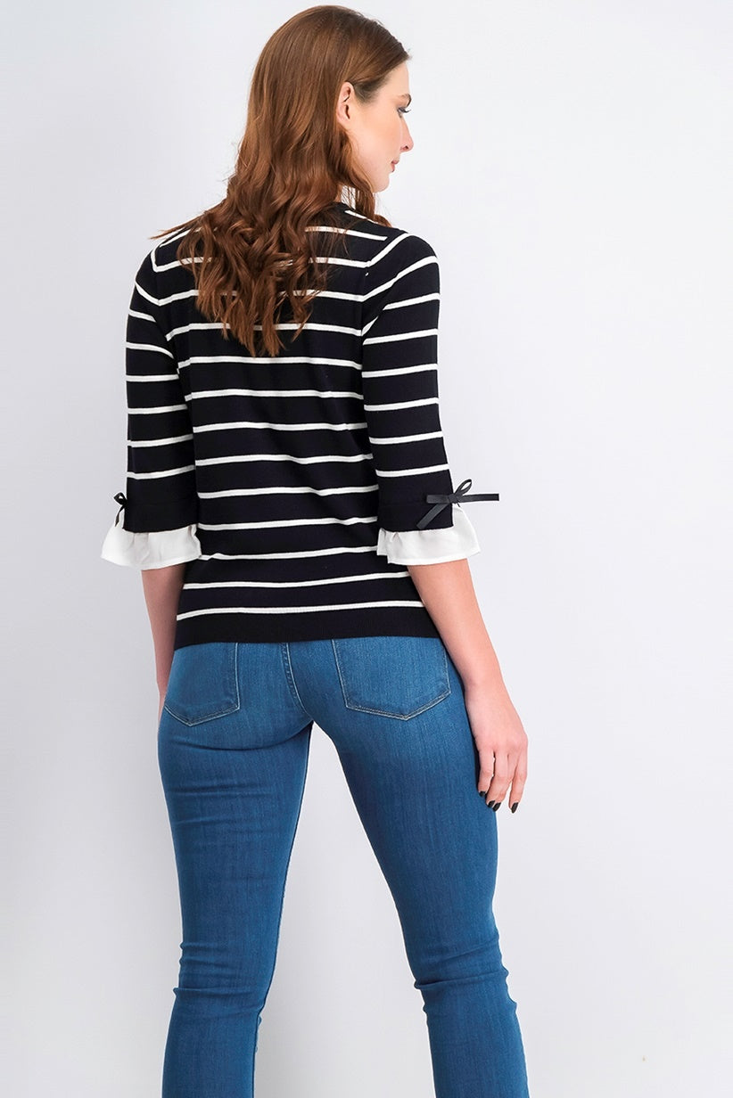 Maison Jules Women's Striped Bow-Trim Sweater Black Size Large