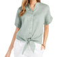 Charter Club Women's Linen Tie Front Button Up Shirt Green Size Small