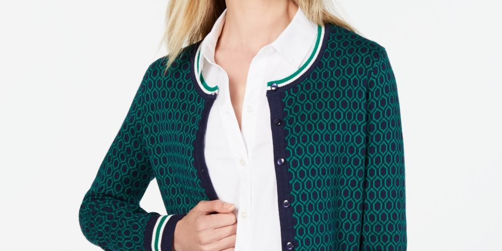 Charter Club Women's Patterned Cardigan Sweater Blue Size Small