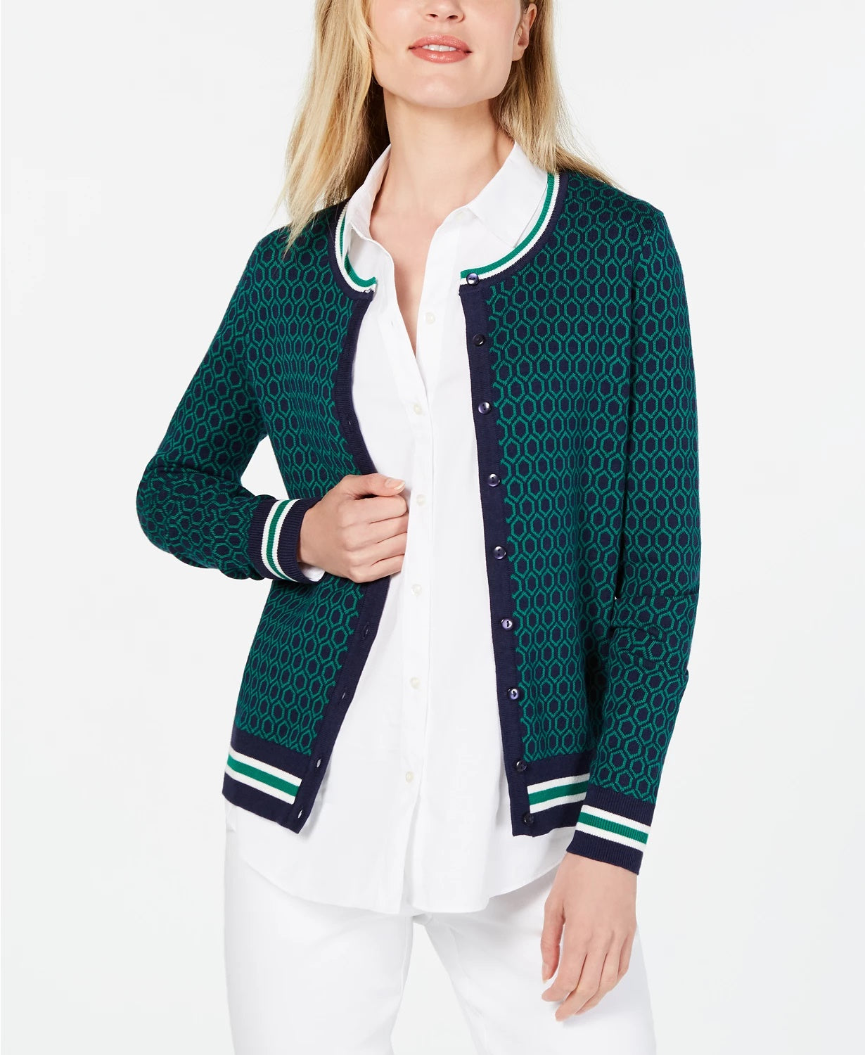 Charter Club Women's Petite Patterned Cardigan  Blue Size 44