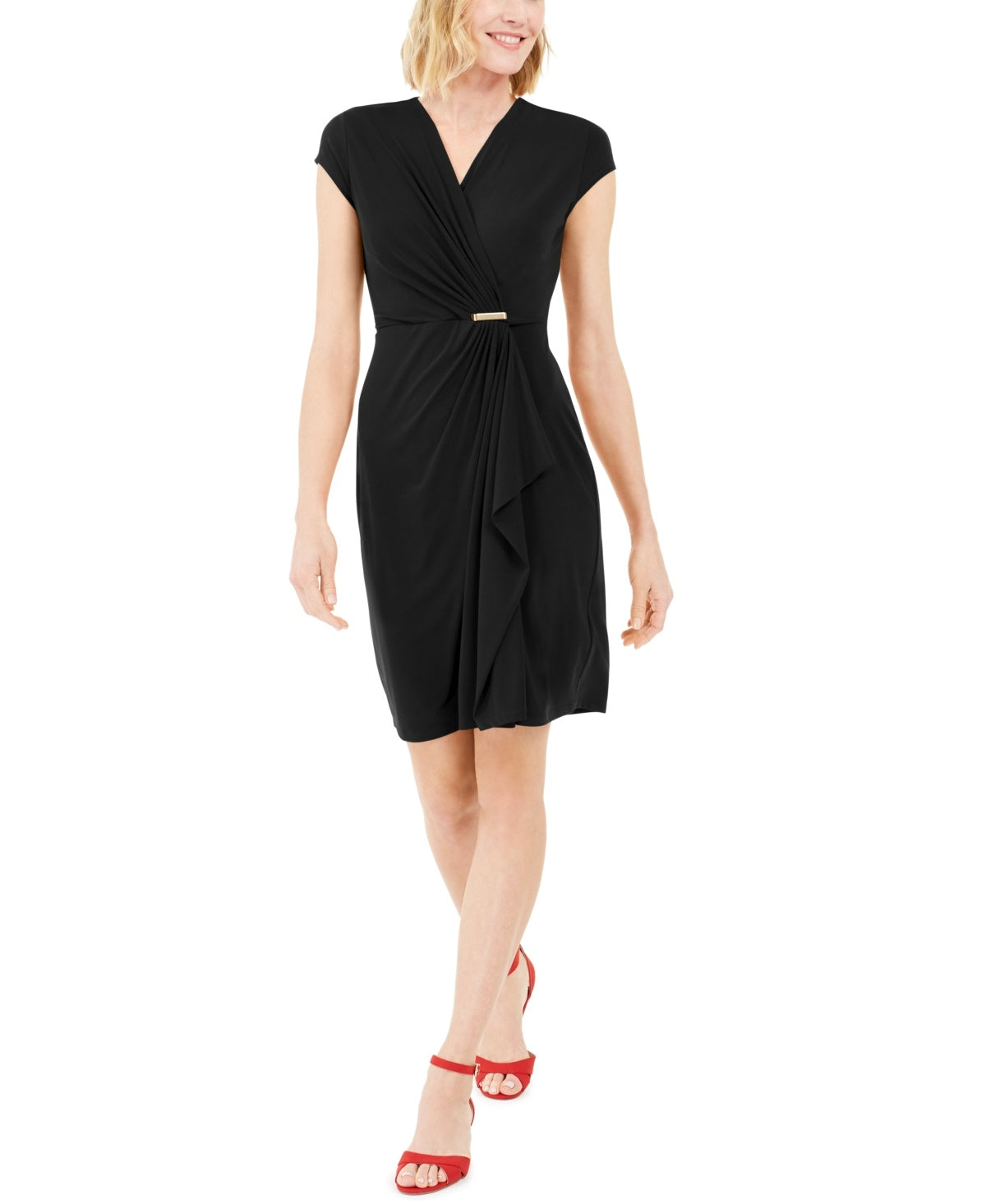Charter Club Women's Knit Cap Sleeve Crossover Dress Black Size Large