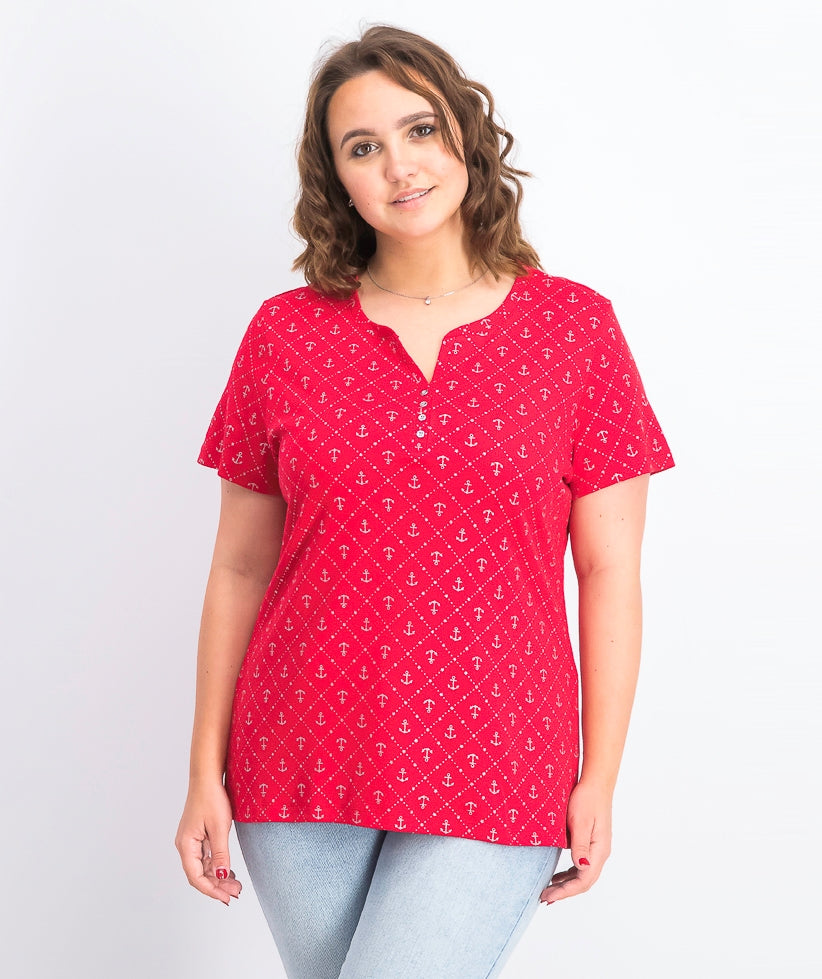 Karen Scott Women's Anchor Geo Henley Top Bright Red Size Small