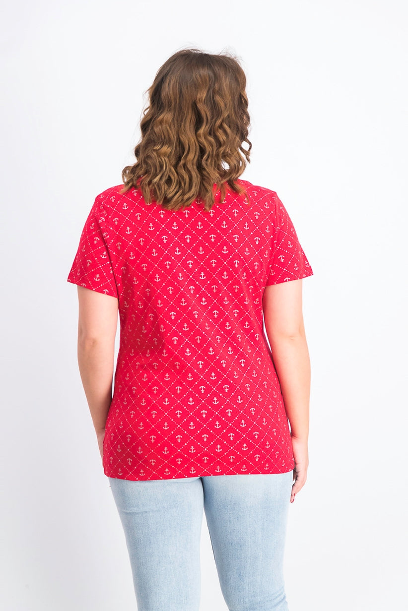 Karen Scott Women's Anchor Geo Henley Top Bright Red Size Small