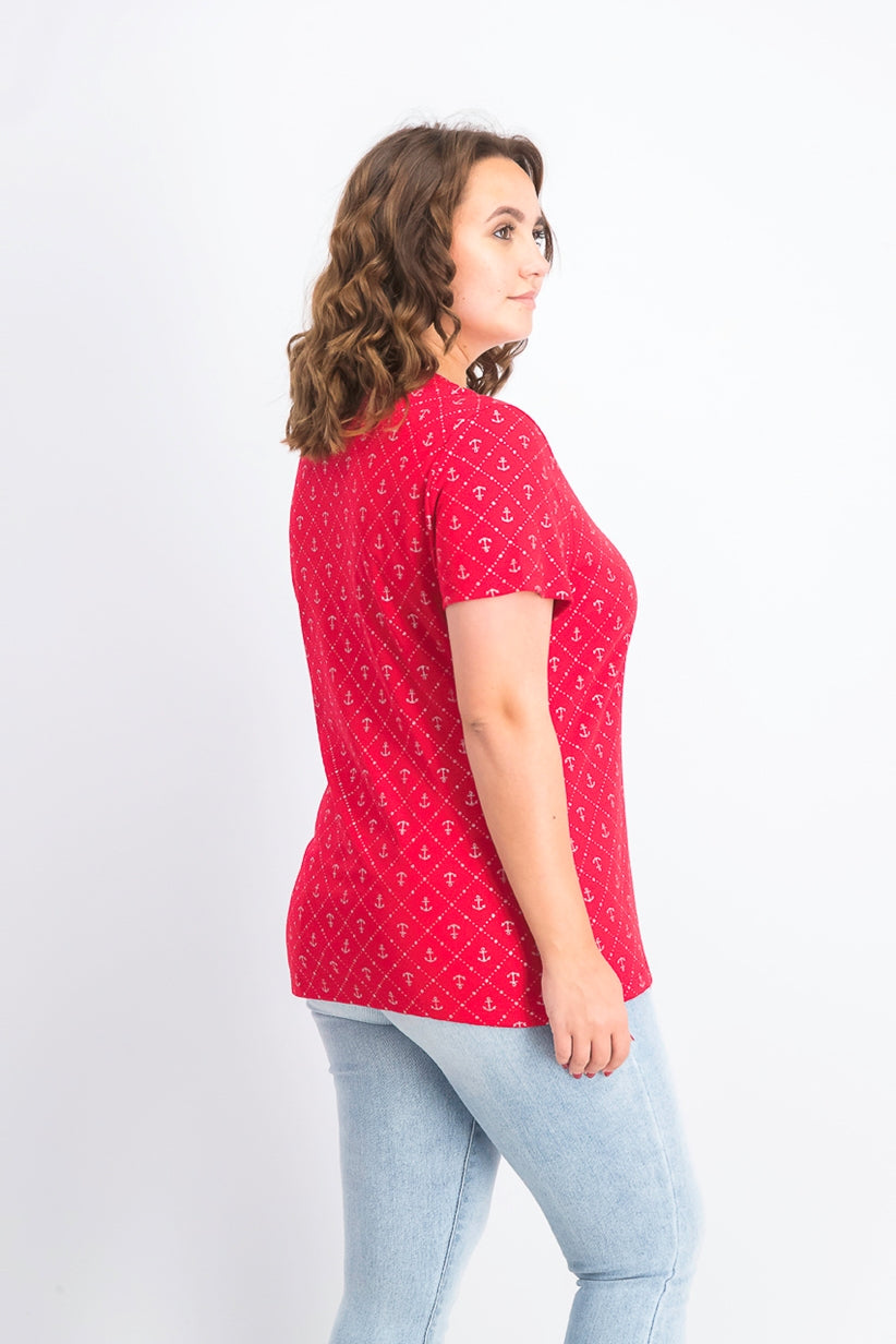 Karen Scott Women's Anchor Geo Henley Top Bright Red Size Small