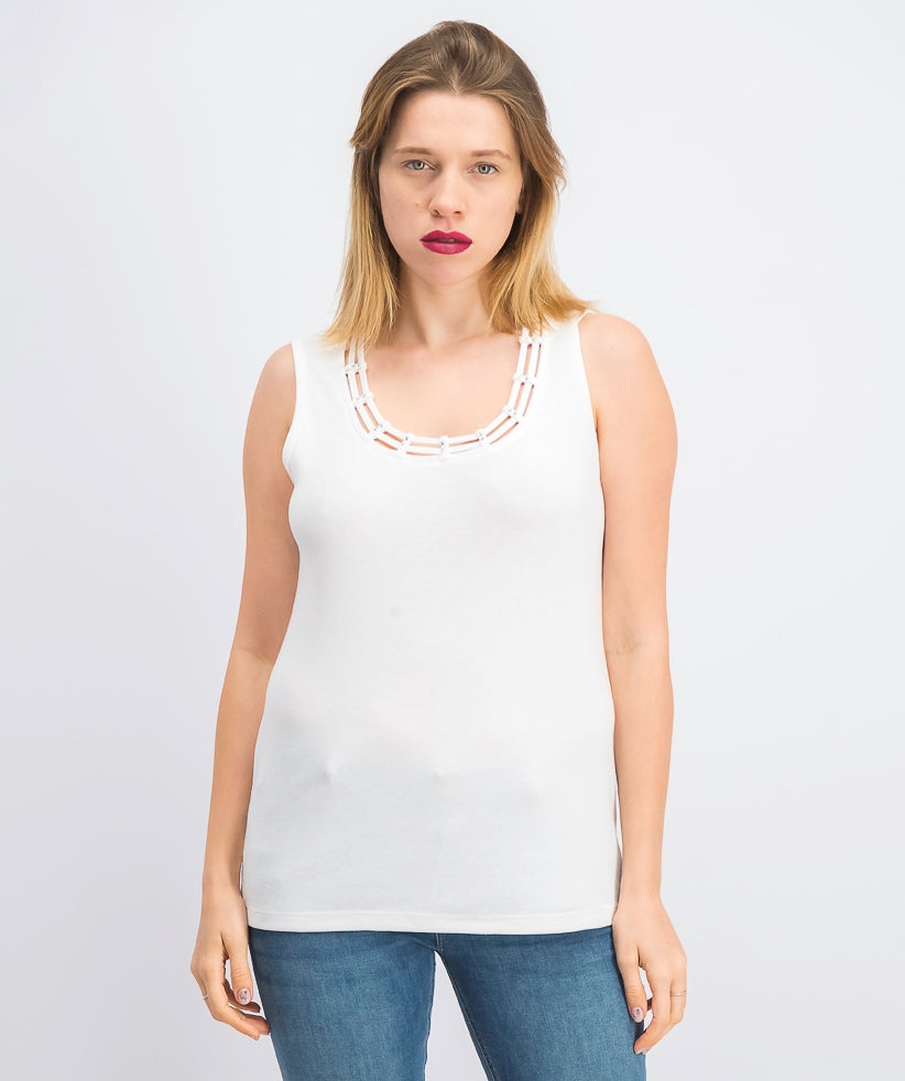 Karen Scott Women's Stud Trim Ladder Neck Top White Size Medium