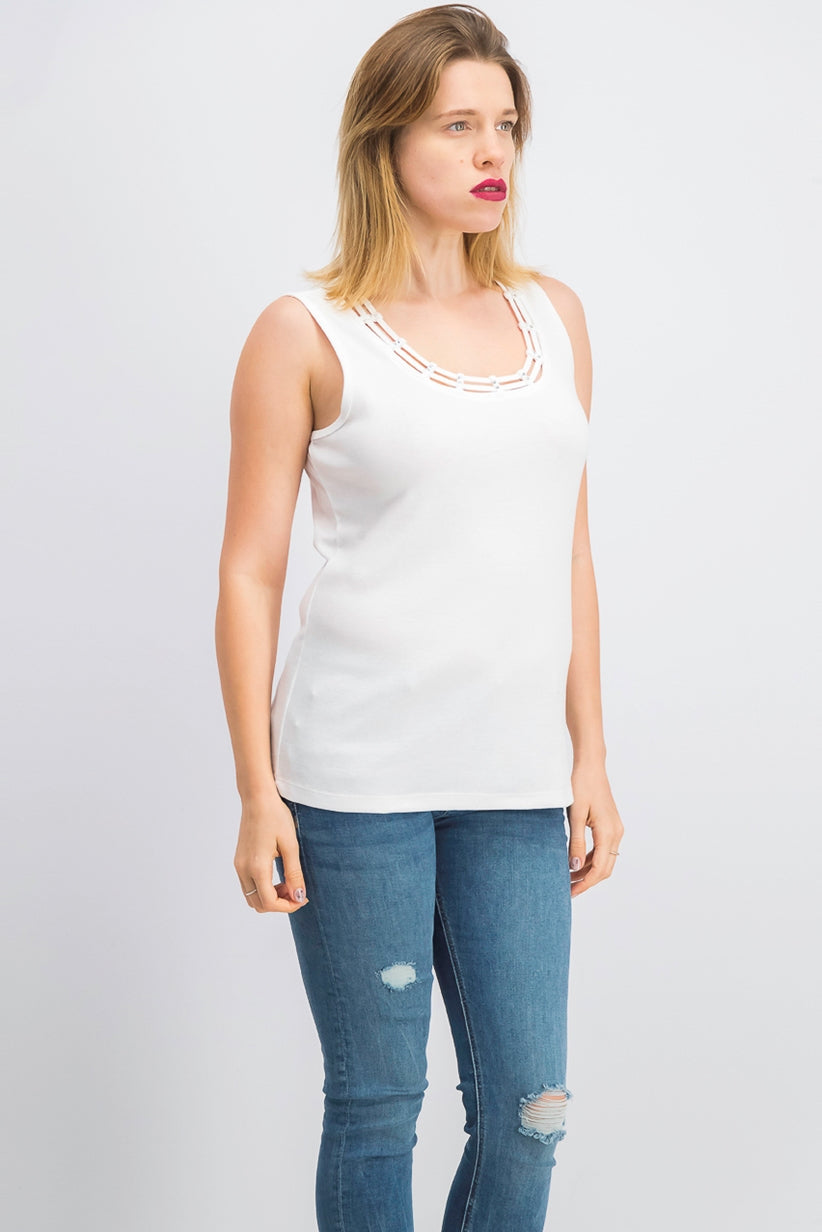 Karen Scott Women's Stud Trim Ladder Neck Top White Size Medium