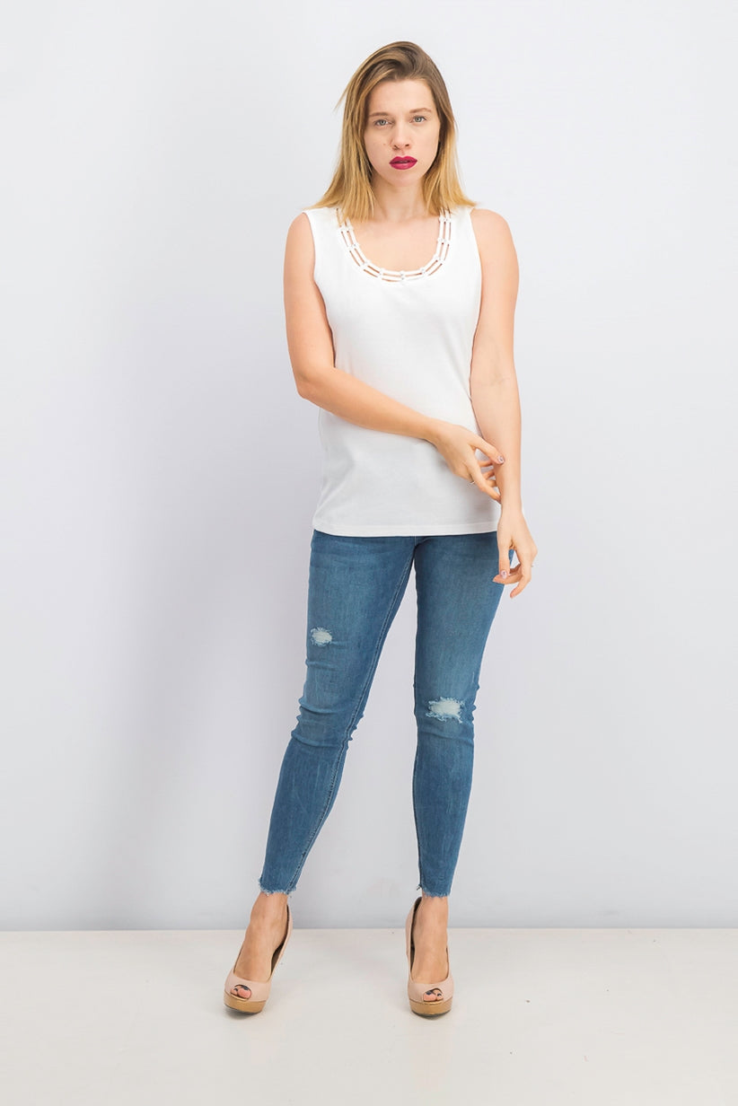 Karen Scott Women's Stud Trim Ladder Neck Top White Size Medium