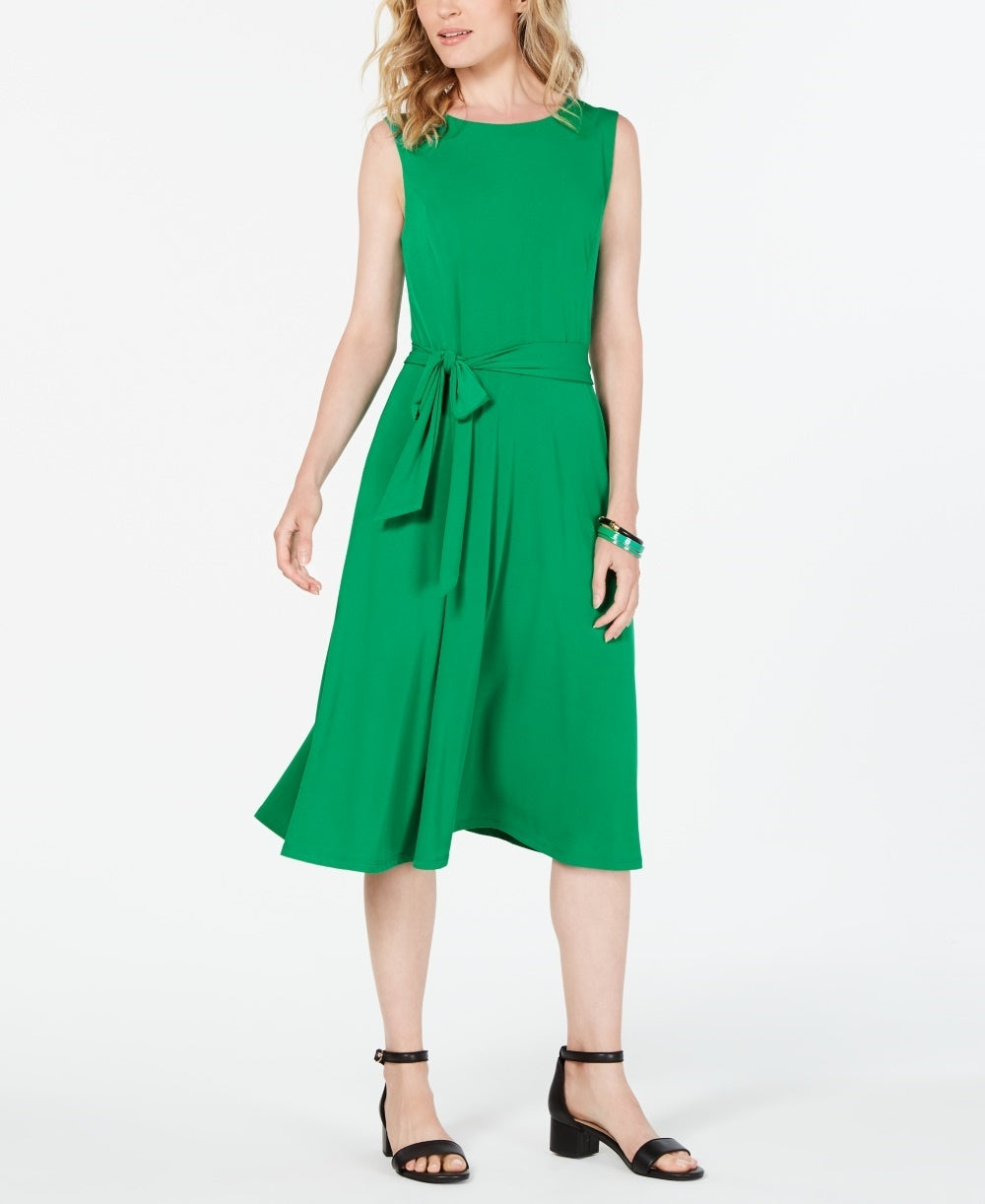 Charter Club Women's Tie-Waist Midi Dress Dark Green Size Small