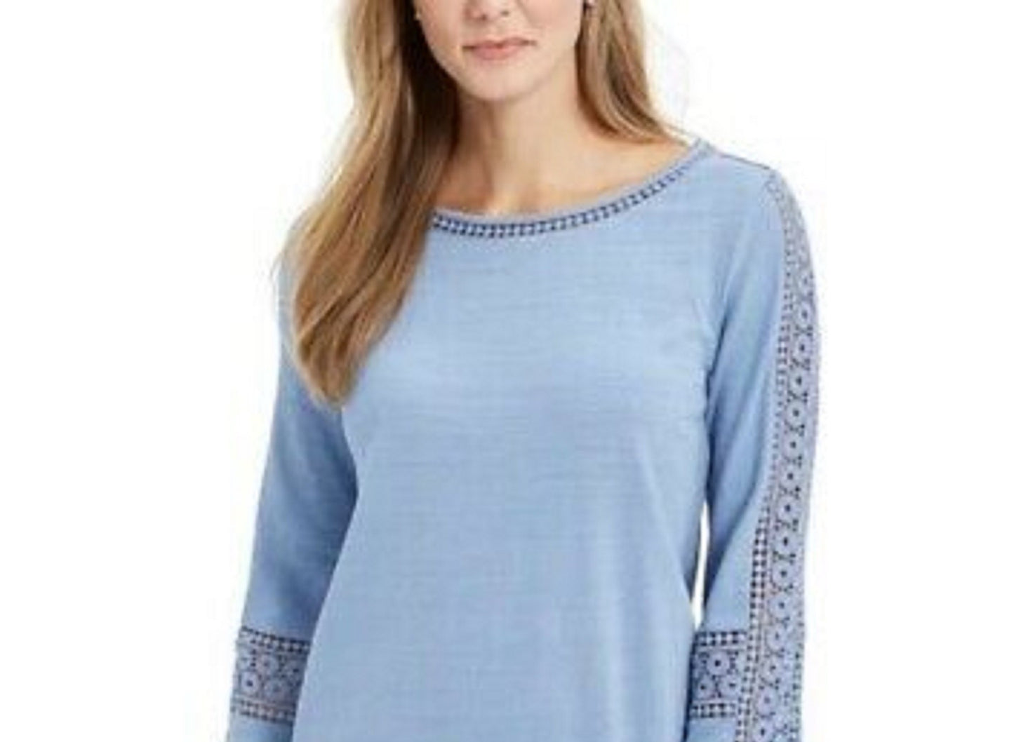 Charter Club Women's Petite Crochet-Sleeve Top Blue Size Medium
