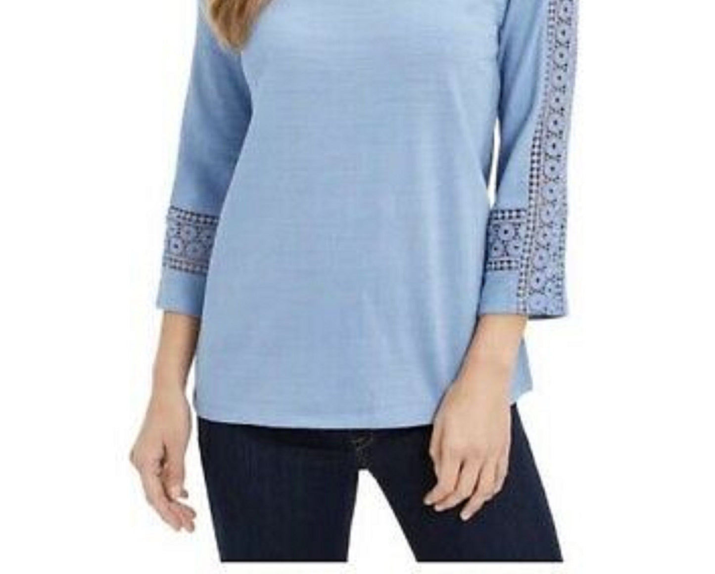 Charter Club Women's Petite Crochet-Sleeve Top Blue Size Medium