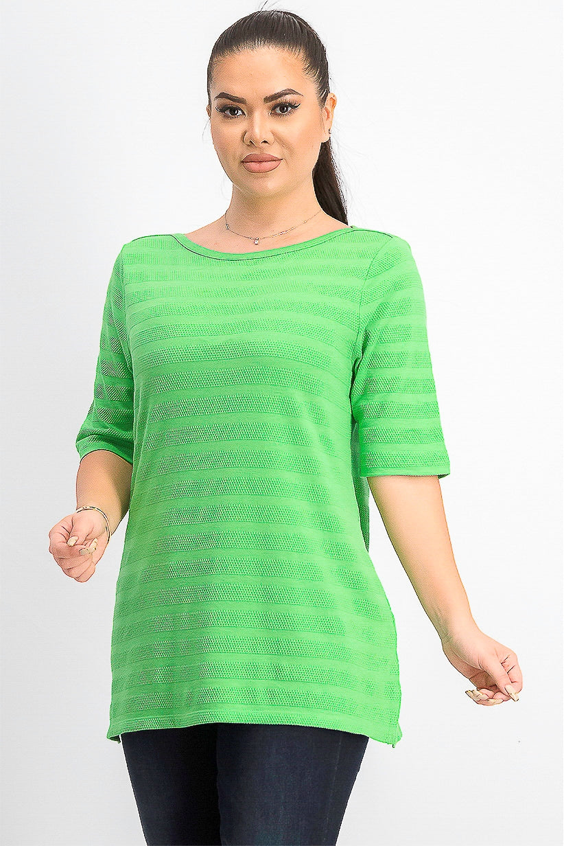 Charter Club Women's Cotton Texture-Striped Elbow-Sleeve Top Green Size Extra Large