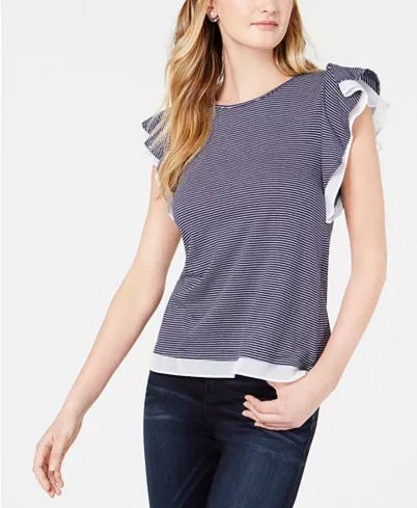 Maison Jules Women's Mesh-Trim Ruffled-Sleeve Top Navy Size Extra Small