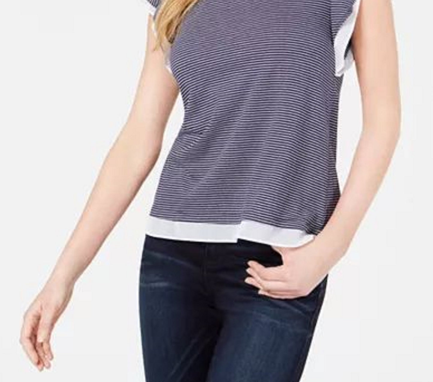 Maison Jules Women's Mesh-Trim Ruffled-Sleeve Top Navy Size Extra Small