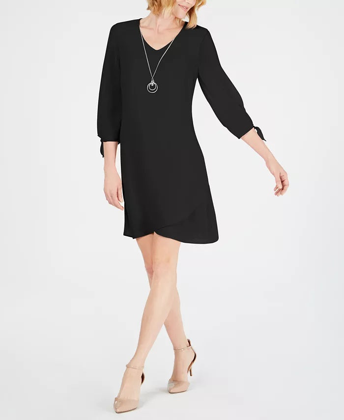 JM Collection Women's Tie Sleeve Necklace Dress Black Size Medium