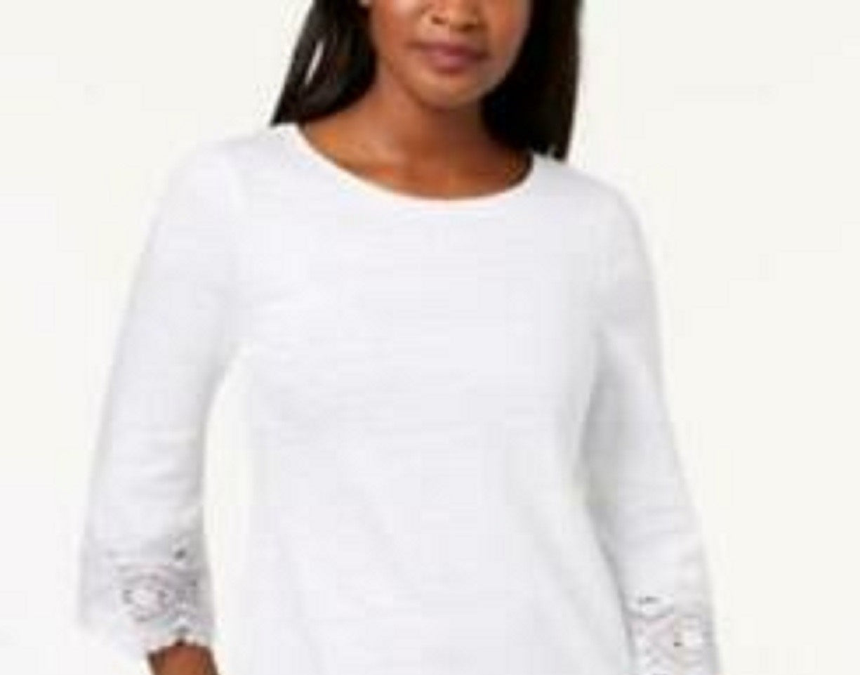 Charter Club Women's Cotton Lace-Trim Top White Size Small