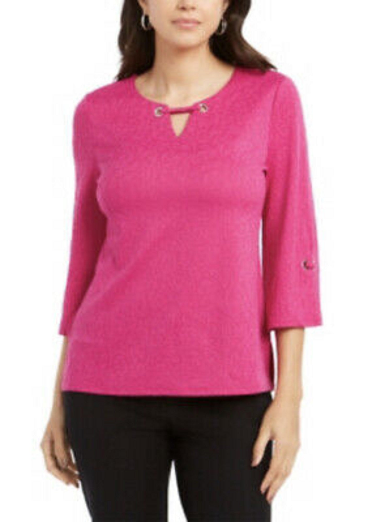 JM Collection Women's Textured Grommet-Trim Keyhole Top Pink Size Small