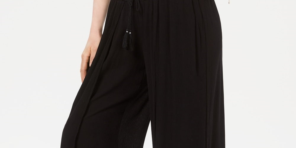 Style & Co Women's Textured Tie Waist Wide Leg Pants Black Size Large