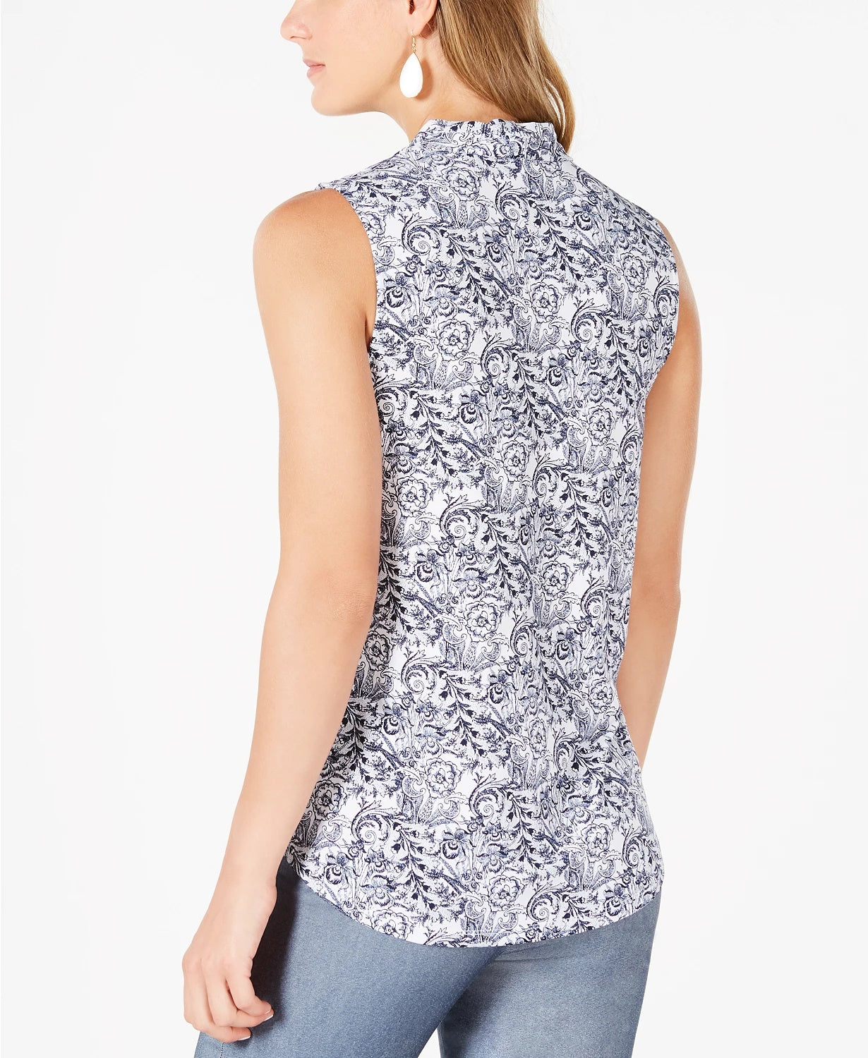 Charter Club Women's Floral-Print Pleated-Neck Top White Size Small