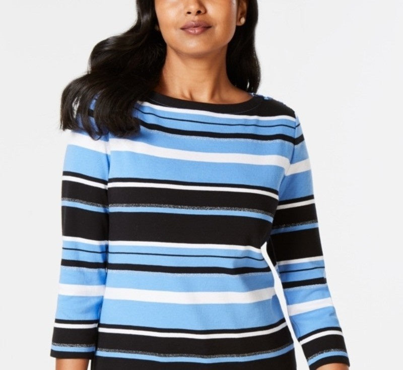 Charter Club Women's Pima Cotton Button-Shoulder Stripe Top Blue Size Small