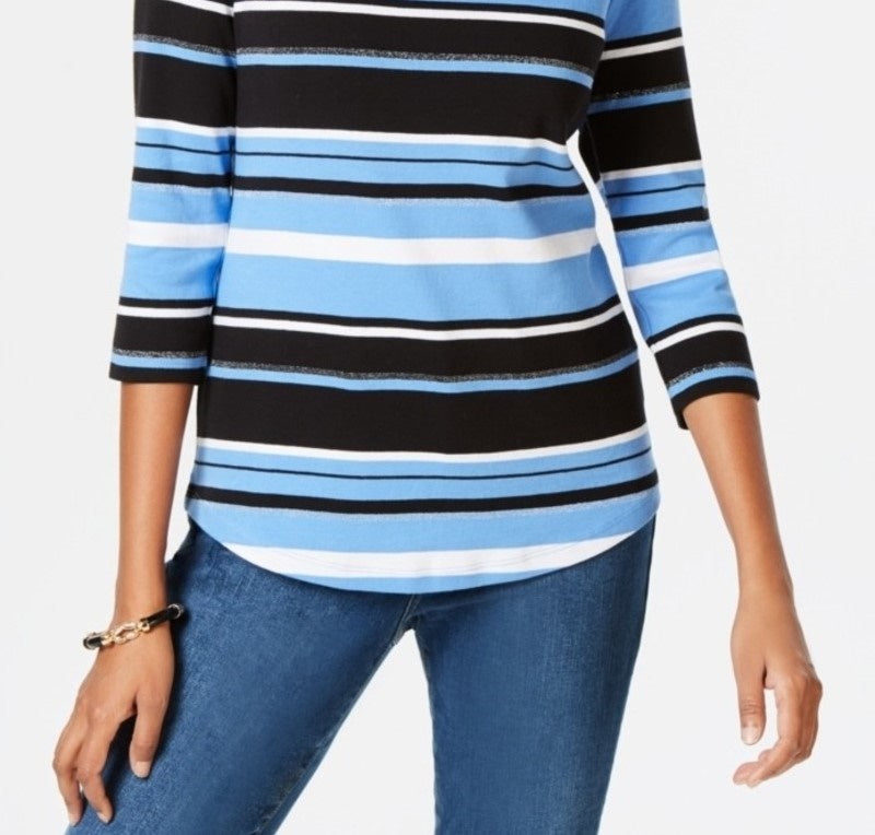 Charter Club Women's Pima Cotton Button-Shoulder Stripe Top Blue Size Small