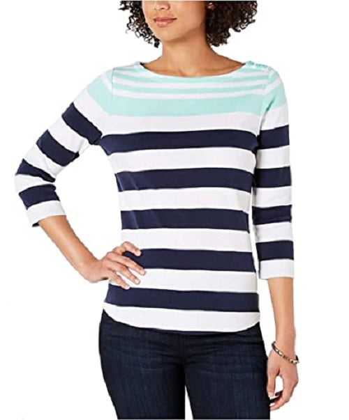 Charter Club Women's Pima Cotton Button-Shoulder Stripe Top Blue Size X-Large