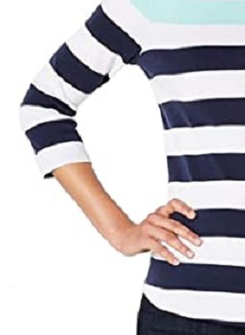Charter Club Women's Pima Cotton Button-Shoulder Stripe Top Blue Size X-Large