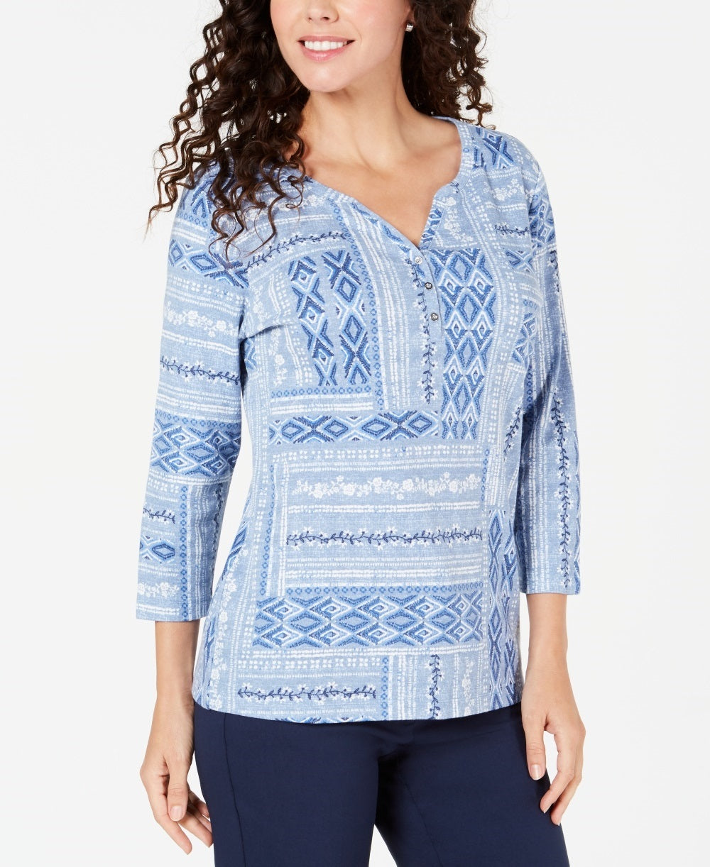Karen Scott Women's Mixed Motif Printed Top Blue Size Petite Small