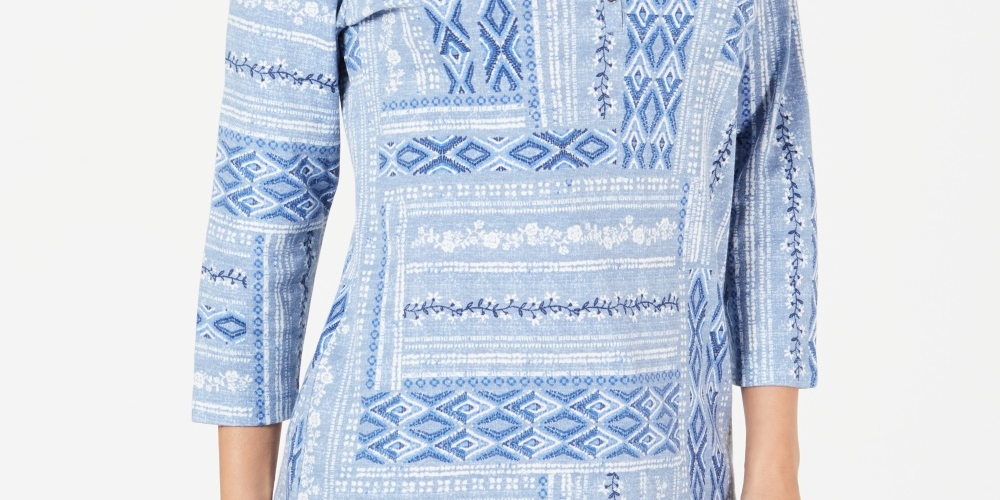 Karen Scott Women's Mixed Motif Printed Top Blue Size Petite Small