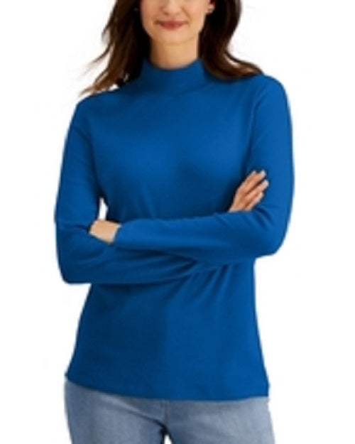 Karen Scott Women's Cotton Mock Neck Top Blue Size Small