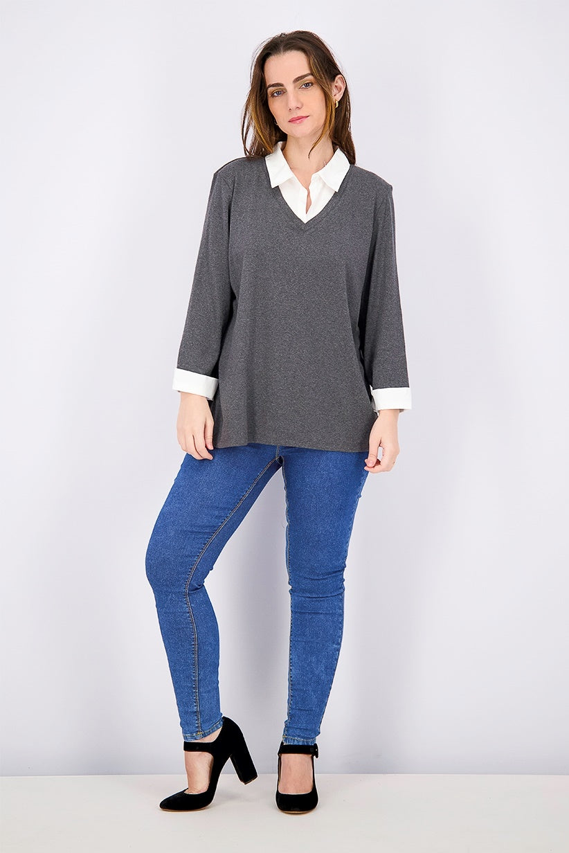 Karen Scott Women's Cotton Layered-Look Top Charcoal Size X-Small