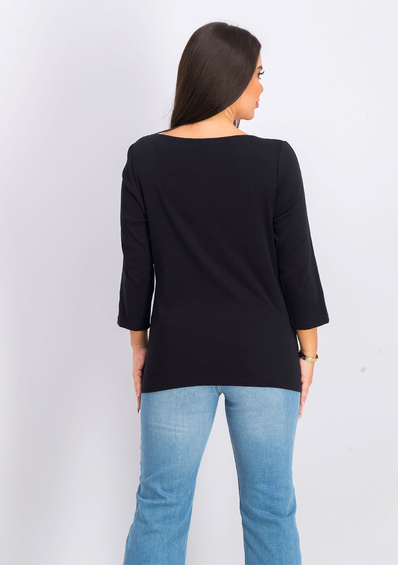 Karen Scott Women's Cotton Boat-Neck Studded Top Black Size Extra Small