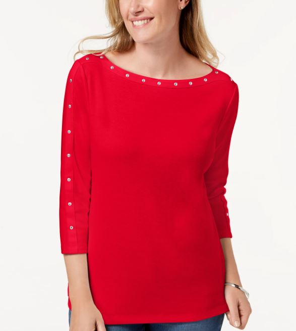 Karen Scott Women's Cotton Boat Neck Studded Top Red Size Medium