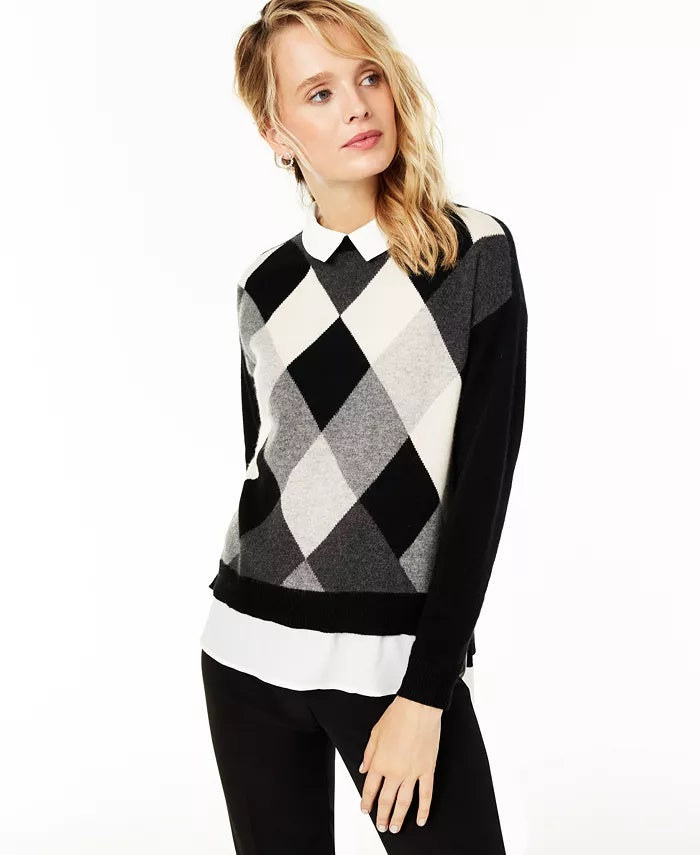 Charter Club Women's Argyle Cashmere Layered-Look Sweater Regular & Petite Sizes Black Size Medium