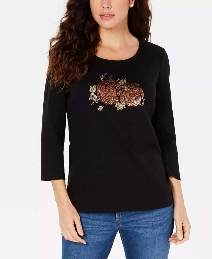 Karen Scott Women's Sequined Graphic T-Shirt Black Size Small