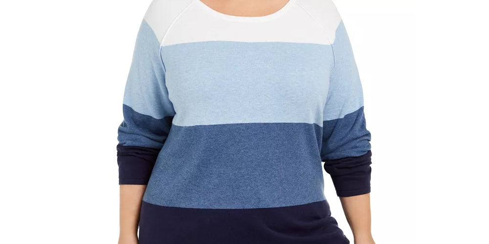 Karen Scott Women's Cotton Colorblocked Sweater Blue Size 1X