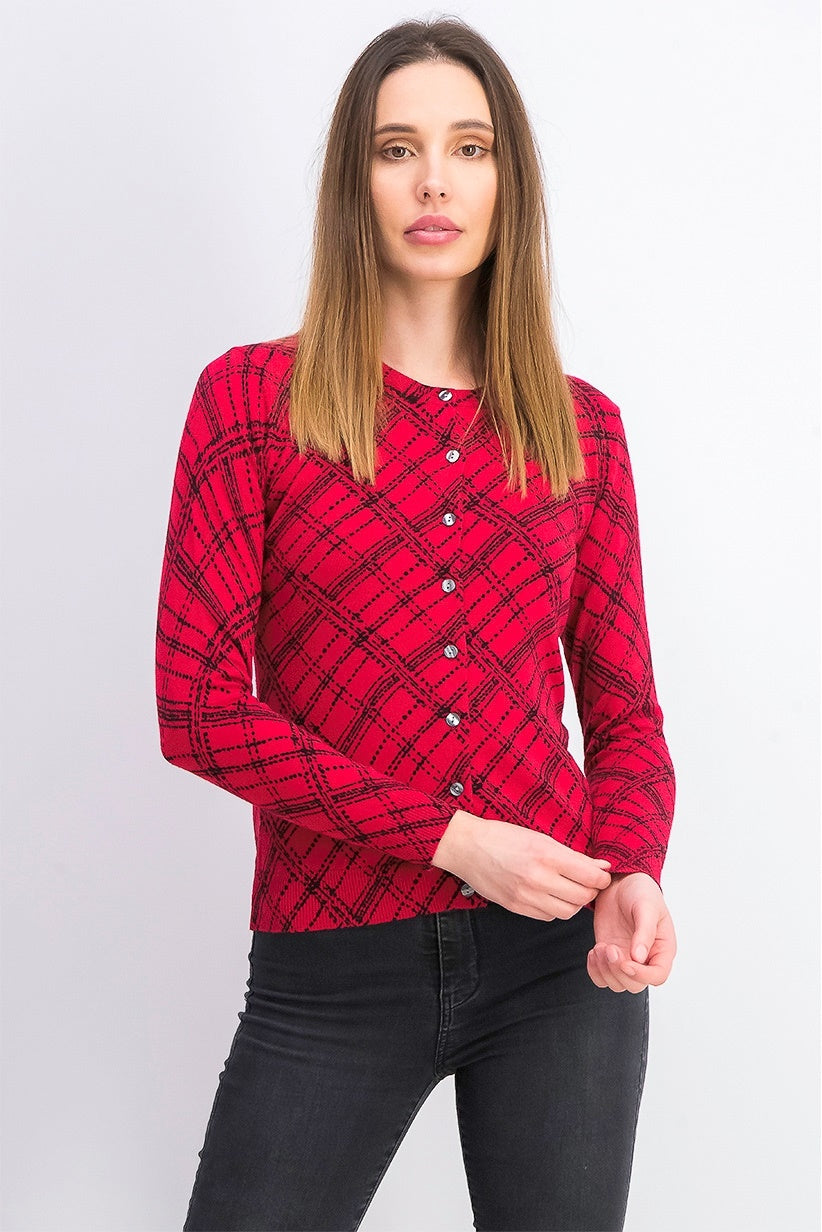 Karen Scott Women's Petite Pamela Plaid Cardigan Bright Red Size Medium