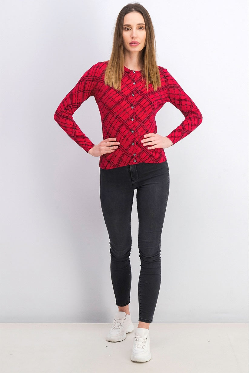 Karen Scott Women's Petite Pamela Plaid Cardigan Bright Red Size Medium