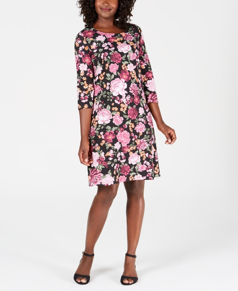 Karen Scott Women's Printed Scoop Neck Dress Black Size Petite Small